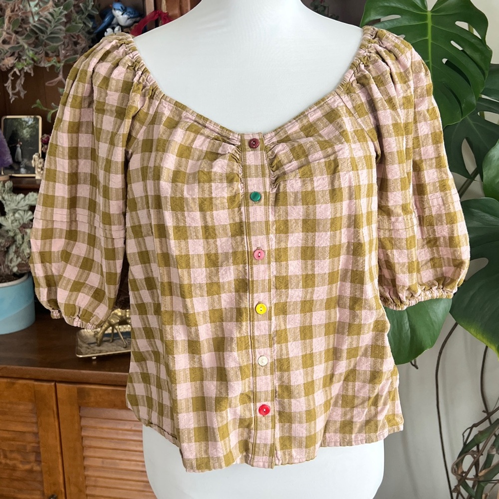 Universal Thread Plaid Puff Sleeve Pink/Chartreuse Button Top Babydoll Blouse M